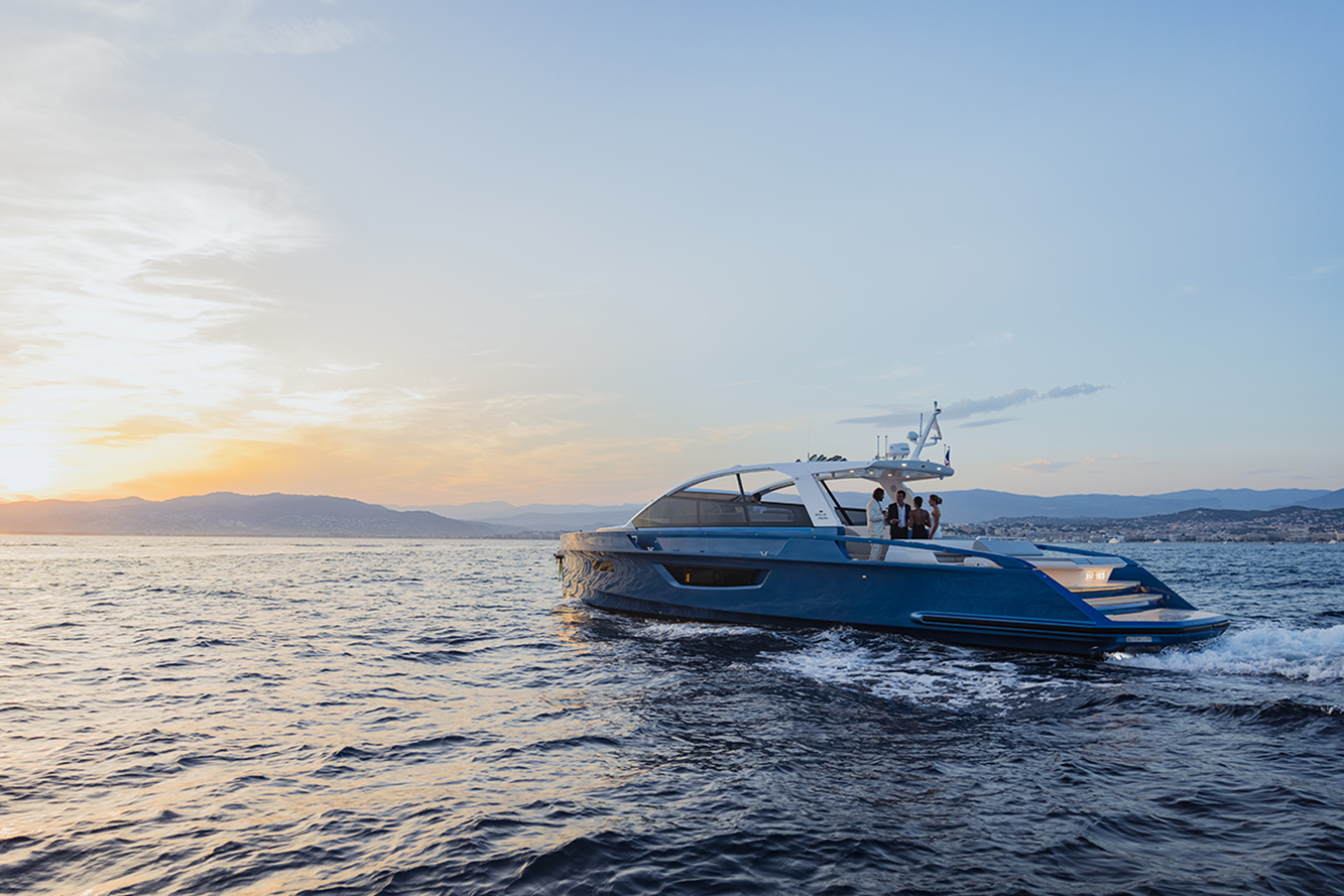 Blue Sialia Silent Yacht sailing by sunset