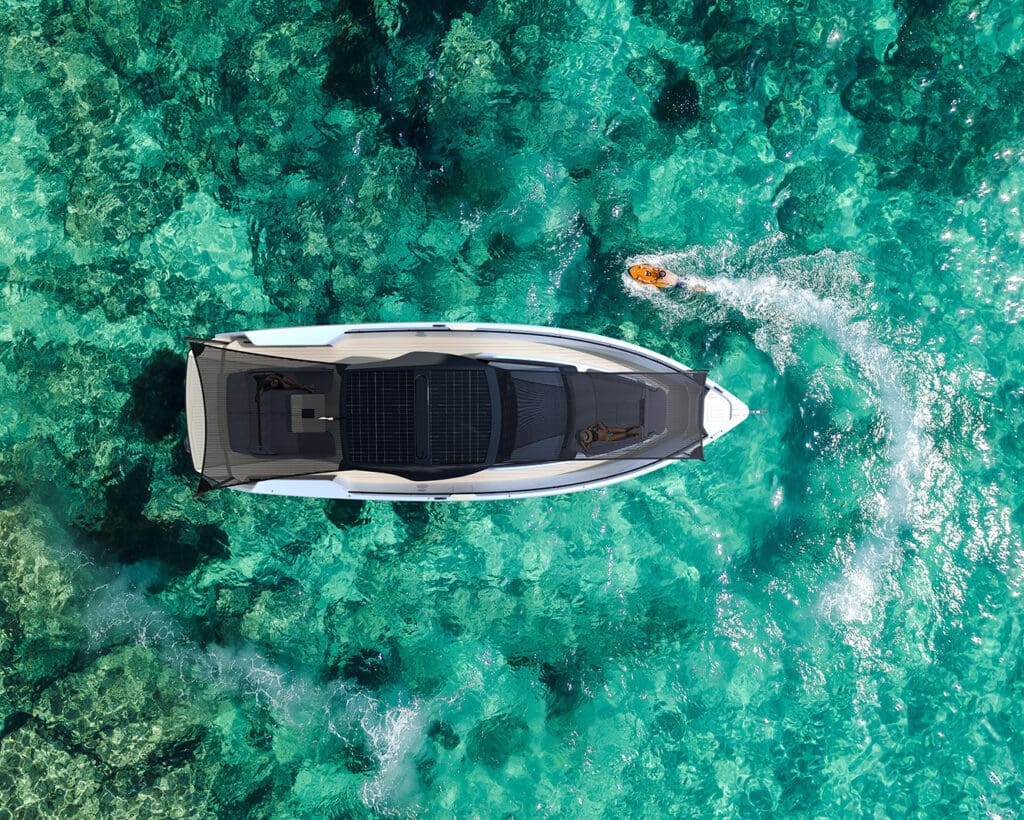 Sialia yacht from the top on clear waters